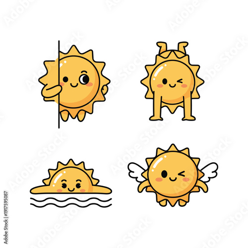 Cute cartoon sun characters with different emotions and actions