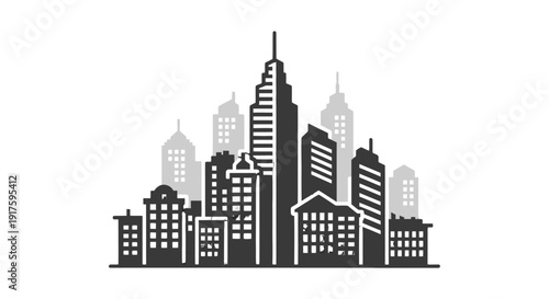 Black and white cityscape with varied building heights and architectural styles.