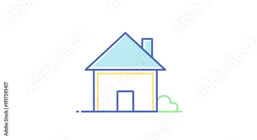 Simple house illustration with blue roof and chimney.
