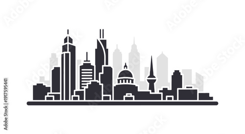 City skyline with iconic buildings and skyscrapers illustration.