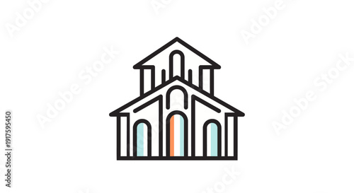 Simple line art illustration of a building with arched windows and doors.