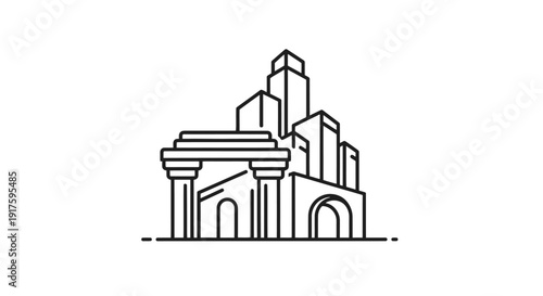 Simple line art illustration of a stylized ancient building with columns and arches.
