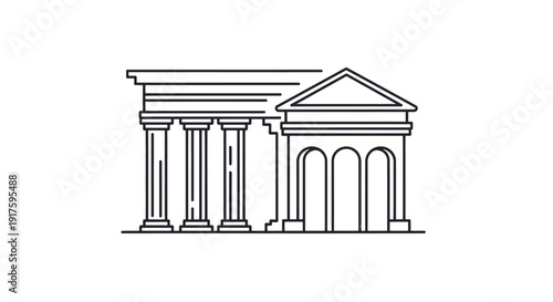 Simple black and white line drawing of a classical building facade.