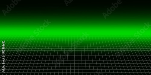 Glowing cyber grid digital banner. Green black gradient wireframe net background. Futuristic perspective of cyberspace and metaverse.
