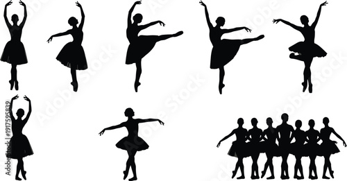 Graceful Ballerina Silhouettes Vector Set Featuring Ballet Dancers in Artistic Poses Wearing Tutu Skirts and Pointe Shoes for Performing Arts and Classical Dance Design