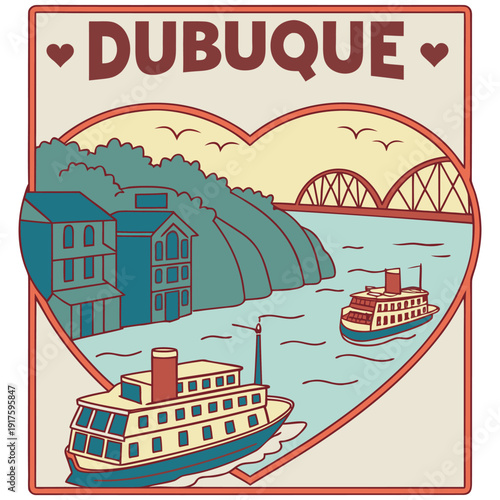 Colorful Dubuque Iowa River Scene with Steamboats and Mississippi River Bluffs