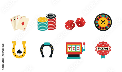 SEO Title
Flat Retro Casino Icons Set with Poker Cards Dice Roulette Wheel and Slot Machine Vector Illustration