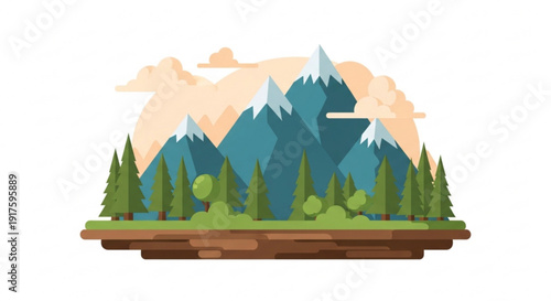 Mountain range with snow capped peaks and lush green trees on a wooden platform