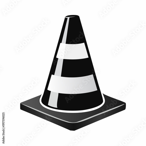 Monochrome graphic icon of a safety traffic cone, featuring bold black and white stripes, ideal for road work, construction warnings, and temporary hazards