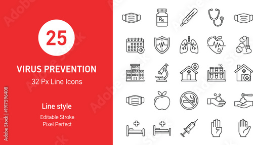 Virus Prevention Healthcare Line Icons Set with Medical Mask, Vaccine, Hospital and Safety Symbols Editable Stroke 32px Vector