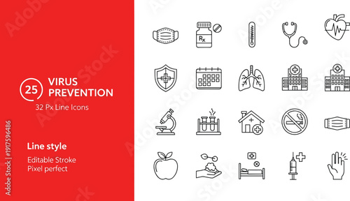 Virus Prevention Medical Line Icons Set with Healthcare, Hospital, Mask, Vaccine and Safety Symbols Vector Collection Editable Stroke 32pxVirus Prevention Medical Line Icons 