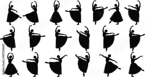 Graceful Ballet Dancer Silhouettes Vector Set Featuring Ballerinas in Various Artistic Poses Wearing Tutu Skirts and Pointe Shoes for Classical Dance and Performing Arts Design