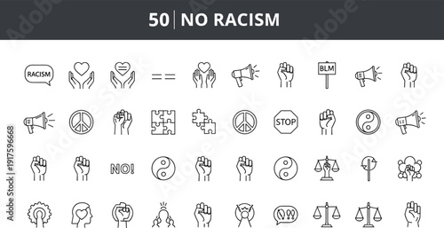 No Racism Line Icons Collection with Equality, Protest, Justice and Human Rights Symbols Editable Stroke Outline Vector Set