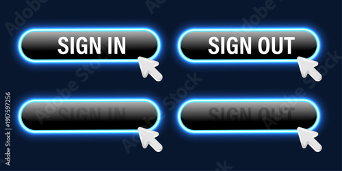 Neon Sign In and Sign Out Button Set. Glowing Login Logout UI Interface with Cursor Click, Realistic 3D Web Buttons on Dark Background Vector Illustration