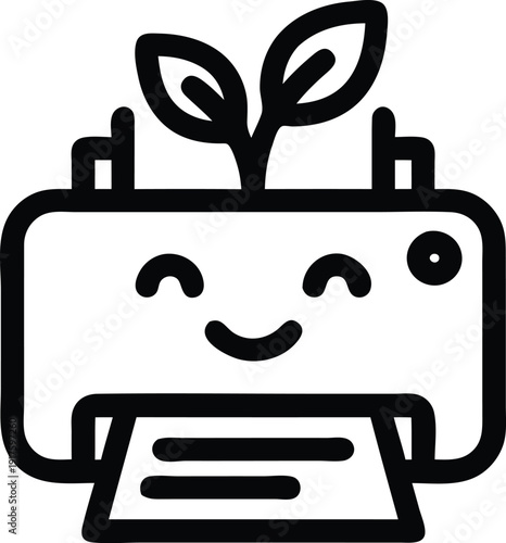 Smiling printer with plant growing out of it  ecofriendly office technology concept
