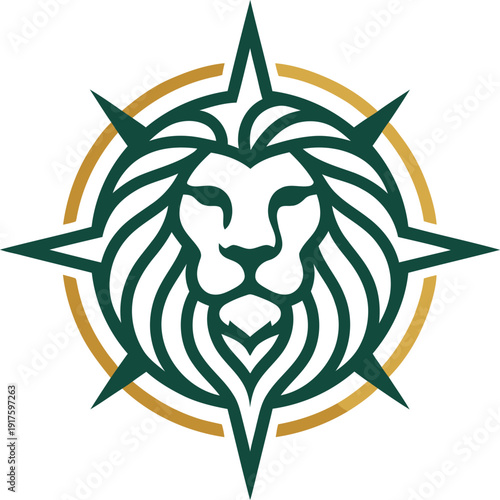 Green lion head logo with gold circle and star design elements  symbol for strength and courage