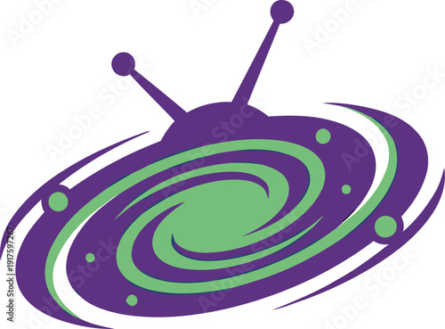 Purple and green swirling UFO spaceship with antennae and dots flying through space with motion blur  science fiction concept
