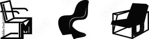 Three modern chair designs with sleek lines and minimalist aesthetic in black silhouette on clean white background