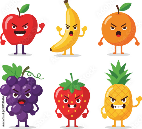 Angry cartoon fruits characters with aggressive expressions
