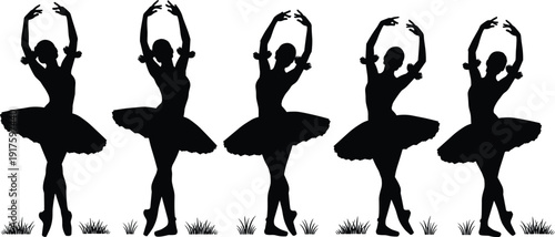 Graceful Little Ballerina Silhouettes Vector Set Featuring Young Girls in Tutu Skirts Performing Ballet Poses on Grass for Dance Art