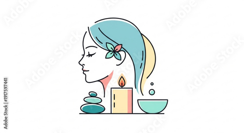 Woman relaxing with candle stones and flower in hair for spa and wellness concept