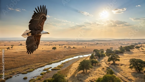 Majestic Bald Eagle Soaring Over African Savanna With Powerful Wings Spread