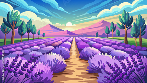 Very beautiful lavender flowers covering a dreamy purple field, aromatic blossoms swaying gently in the warm summer breeze under a clear blue sky, peaceful countryside atmosphere.