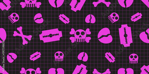 Emo seamless background. Simple vector skull blade razor and broken heart isolated black. Perfect pink Emo fabric textile printing. EPS 10