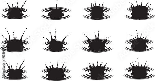 Water Droplet Silhouettes Creating Ripples on White Background
