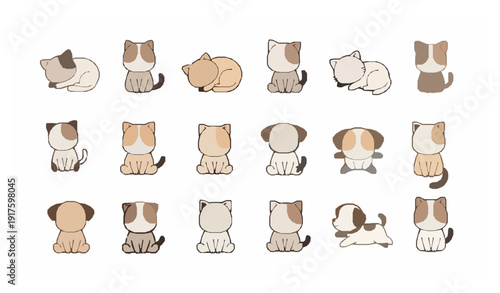 Kawaii Style Cute Cats and Dogs Vector Illustration Set for Children