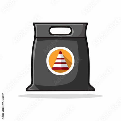 Stylized graphic of a black bag showcasing an emblem with a traffic cone, representing safety concepts for construction, roadwork, and industrial caution