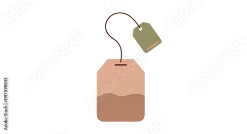 Tea bag with string and label on white background symbolizing a cup of hot beverage