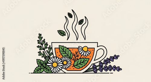 Steaming floral tea cup with daisies and lavender on a beige background herbal infusion