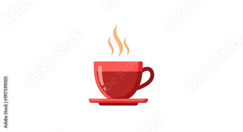 Steaming hot red coffee cup on saucer with rising vapor isolated on white background symbolizing warmth and comfort