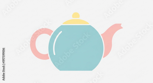Teal teapot with pink handle and yellow lid on white background tea time concept