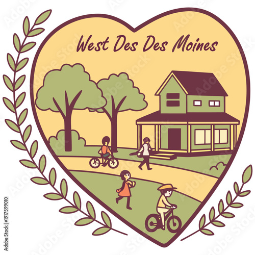 Family Friendly West Des Moines Neighborhood Scene with Bicyclists and House