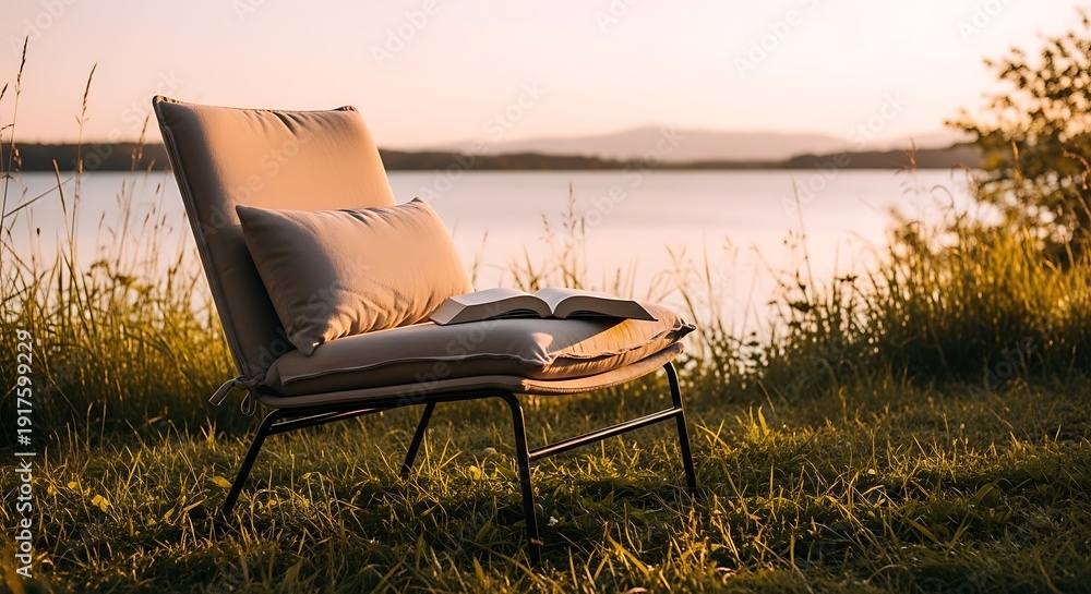 Fototapeta premium Comfortable chair with open book sits lakeside, bathed in warm sunlight, peaceful scene