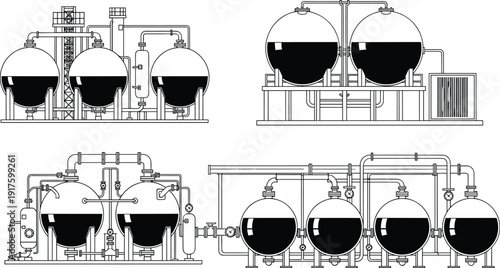 Industrial black and white vector technical drawing set featuring chemical processing plants with spherical storage tanks, complex piping systems, pressure valves, and refinery infrastructure.
