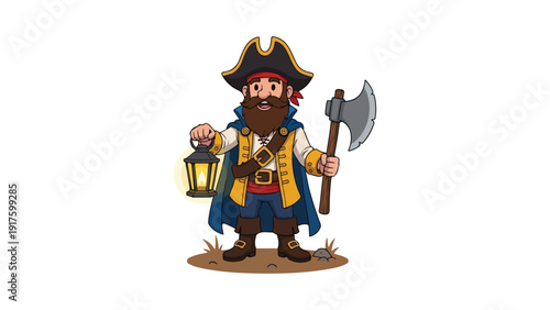 Cartoon pirate character with lantern and axe