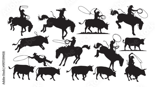 Vintage western silhouettes: cowboys and horses in action