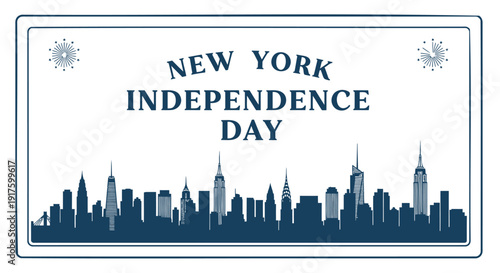 New York Independence Day celebration vector graphic, featuring city skyline silhouette and patriotic text on white background with blue border and starburst designs.