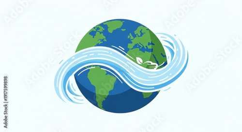Earth with swirling blue wave around it symbolizing ocean and environmental conservation global ecology and sustainability