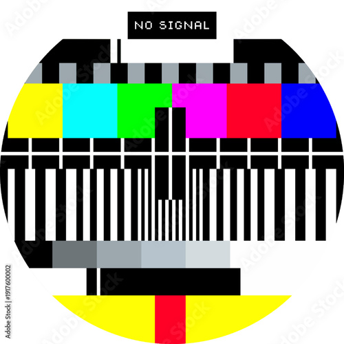 No Signal TV Test Pattern Screen, Retro Broadcast Color Bars and Static Display, No signal glitch effect 
