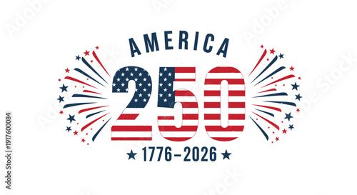 Patriotic America 250th anniversary logo with fireworks and stars, commemorating 1776-2026. Created in vector style with red, white, and blue colors.