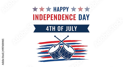 Independence Day icon with drums and patriotic text, 4th of July celebration symbol. Created in vector style with red, white, and blue colors.