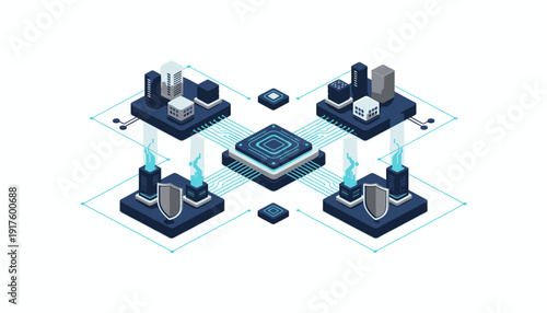 Isometric illustration of a central microchip surrounded by industrial scenes.