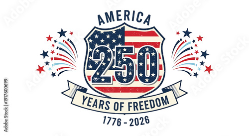 America 250 years of freedom badge vector illustration, patriotic shield with stars and stripes, commemorative design for 1776-2026 anniversary.