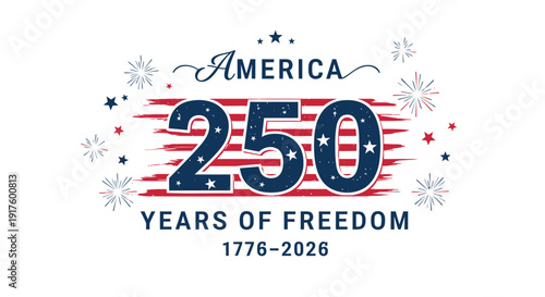 America 250 years of freedom logo, patriotic badge with stars and stripes, 1776-2026 anniversary emblem.