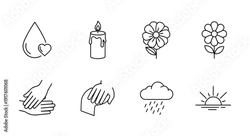 Set of minimalist line icons depicting wellness and self-care elements like hydration, relaxation, and nature