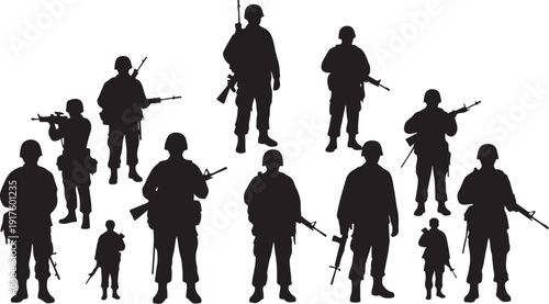 Soldiers and children in various poses with guns standing